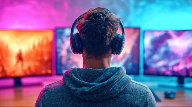 Gamer wearing headphones immersed in virtual worlds on multiple monitors