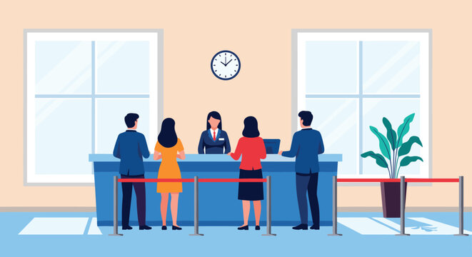 Hotel reception desk with staff assisting guests who are waiting in a queue at the customer service counter.
