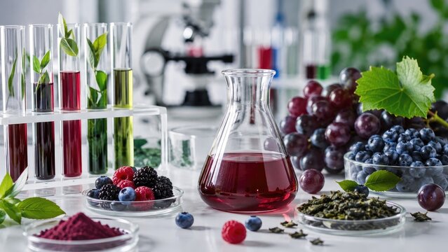 Laboratory setup with glassware and red berry extract surrounded by fresh grapes, blueberries, raspberries, powders and tea leaves