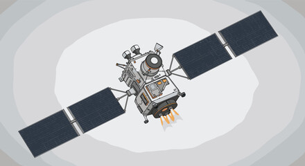 Fototapeta premium Modern space satellite with solar panels orbiting a planet while transmitting data for global communication and research.