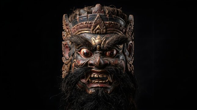 Traditional Balinese Wooden Demon Mask with Fierce Expression Isolated on Black Background