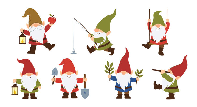 Set of charming garden gnomes depicted in different poses including fishing, holding lanterns, and using garden tools.
