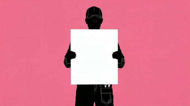 Worker silhouette holding blank white sign for advertising motion video footage with pink background and professional industrial graphic style