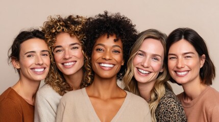 Obraz premium Diverse group of women smiling together, showcasing natural beauty and friendship