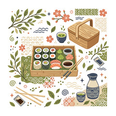 Sushi picnic with chopsticks and sake. © Didin