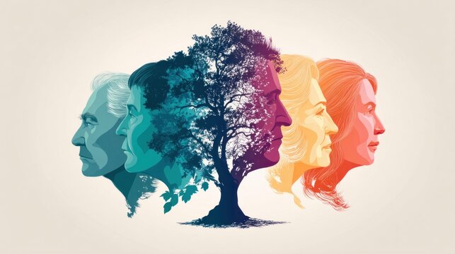 Generations represented by diverse faces merging into a tree of life