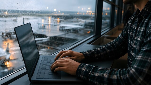 Traveler typing on a laptop near airport window with airplane view at sunset