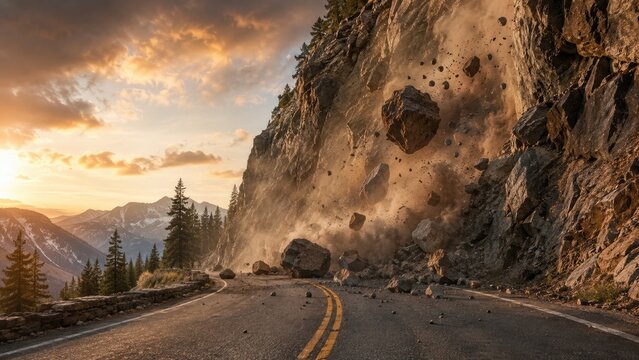 Sunset mountain road with a dramatic rockslide sending boulders and dust onto the asphalt