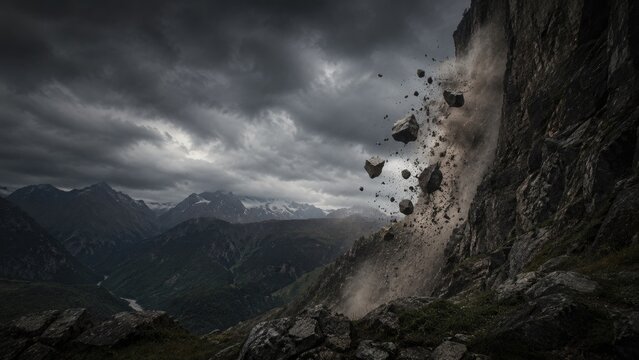 Dramatic mountain rockfall with falling boulders and dust from a crumbling cliff under stormy dark clouds