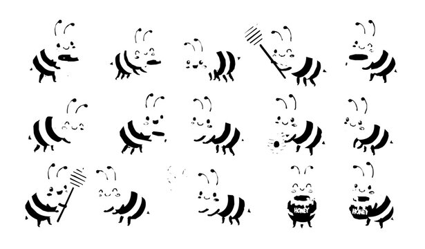 Funny Bumblebee with Honey Cartoon Vector Set Featuring Cute Flying Bee Characters