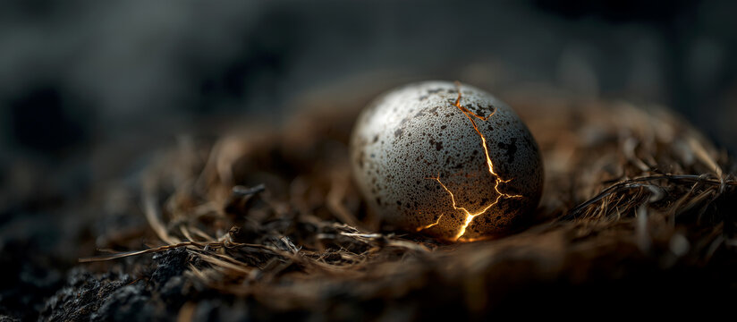Macro Shot of a Spotted Egg Cracking with Internal Warm Glow Inside a Straw Nest