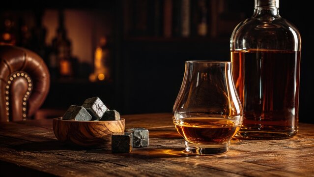 Amber whiskey in a nosing tasting glass with bottle, whiskey stones and wooden bowl on a rustic table in a cozy dimly lit bar lounge