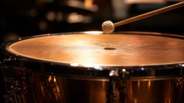 Close-up of a timpani drumhead with a drumstick poised just above its center.