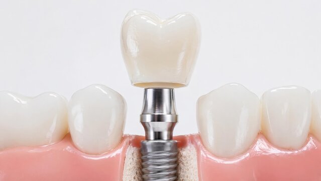 Close-up of a dental model showing a titanium and ceramic connection.