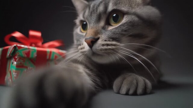 Curious Gray Tabby Cat Playing Near Wrapped Christmas Gifts Under a Tree, Close-up Shot in Low Light