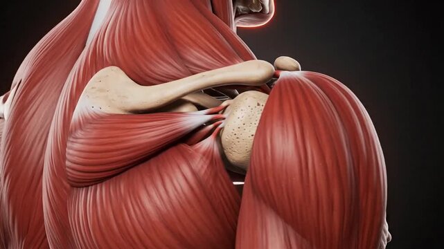 3D medical animation rotating around the human chest and shoulder, revealing the underlying skeletal structure, clavicle, and shoulder joint muscles.