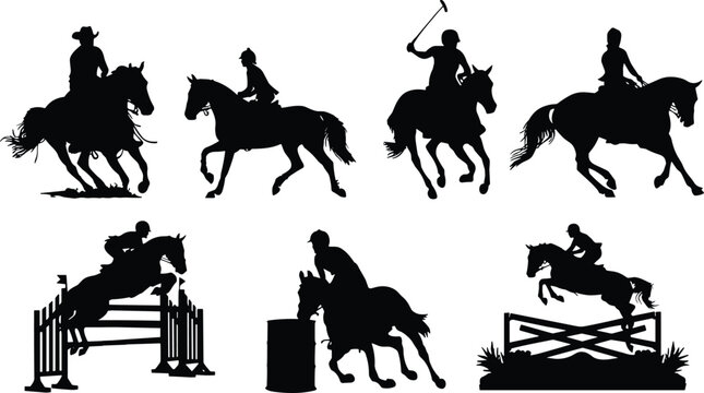 Equestrian horse rider silhouette collection featuring racing jumping polo and western horseback activities isolated vector set