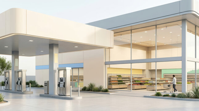Gas station and supermarket hybrid offering fuel and convenience shopping