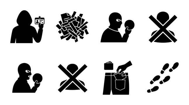 Set of 8 Black and White Icons: Identity Theft, Fraud, Surveillance, and Security Measures. Vector Graphics for Digital Safety and Privacy.