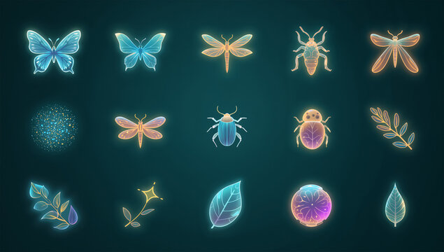 魔法の森の昆虫を集めた発光アイコンセット