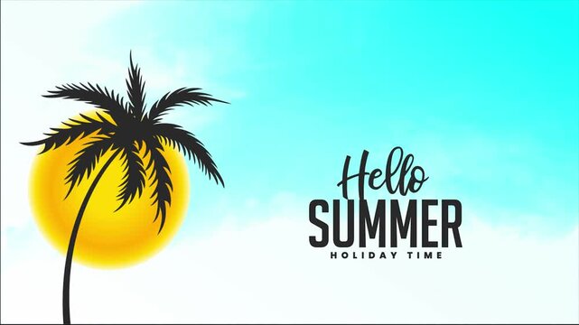 Hello Summer Vibes: A vibrant illustration captures the essence of summer with a silhouetted palm tree set against a bright yellow sun and a gradient sky, inviting relaxation and holiday spirit.