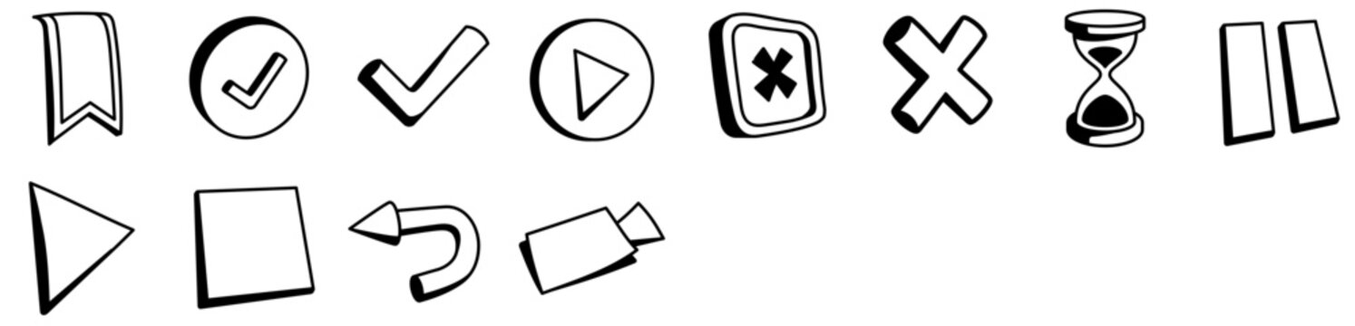 Common Actions & Controls Icon Set including button, video, checkmark, tick, play, close, media, symbol, stop, arrow, controls, audio icons in doodle style.