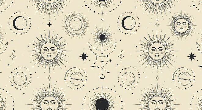 Cream Celestial Sun Moon Stars Seamless Pattern
