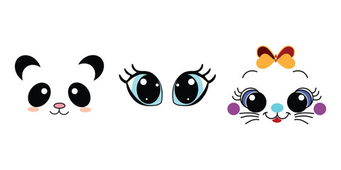 Kawaii animal face vector set, cute panda and kitten character expressions, adorable cartoon eyes with bow for nursery decor © Protima