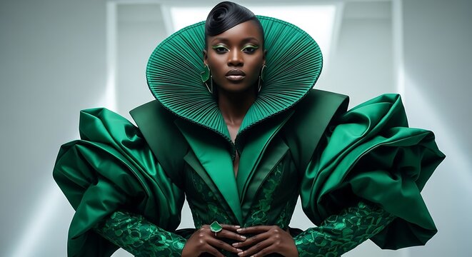 Elegant African Woman in Stunning Green Couture with Stylish Fashion, and Studio Portrait.