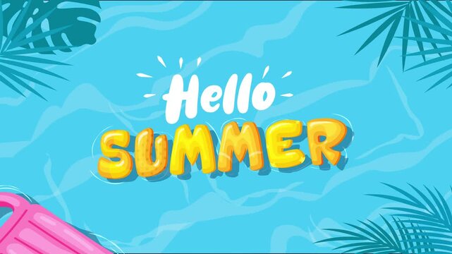 Hello Summer Splash: A vibrant illustration announcing the arrival of summer, featuring the words Hello Summer over a refreshing blue water background adorned with palm leaves and a pink inflatable.