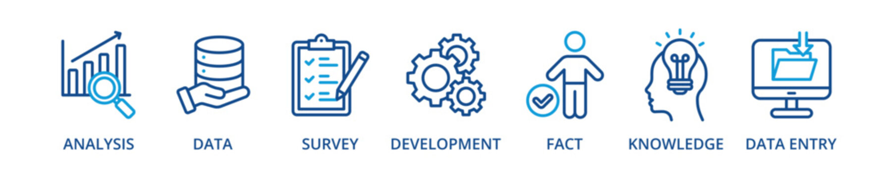 Research outline color banner icon with analysis, data, survey, development, fact, knowledge, data entry