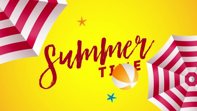 Summer Time Vibes: A vibrant and colorful graphic celebrating the essence of summer, featuring striped umbrellas, a beach ball.