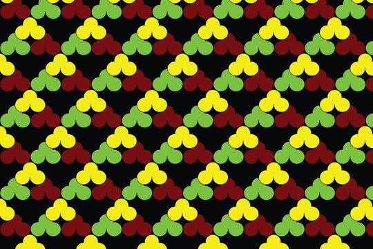 Pan-African geometric pattern vector, seamless reggae colors background, red yellow and green trefoil shapes on black backdrop