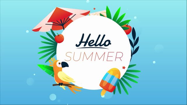 Summer Greeting with Tropical Flair: A vibrant illustration evokes the essence of summer, featuring a cheerful parrot, refreshing popsicle.