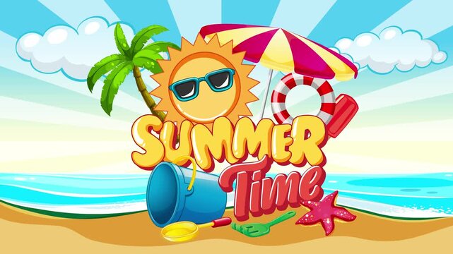 Summer Time Celebration: A vibrant graphic illustration captures the essence of summer with a smiling sun, beach umbrella, palm tree, and children's beach toys, inviting everyone to enjoy the season