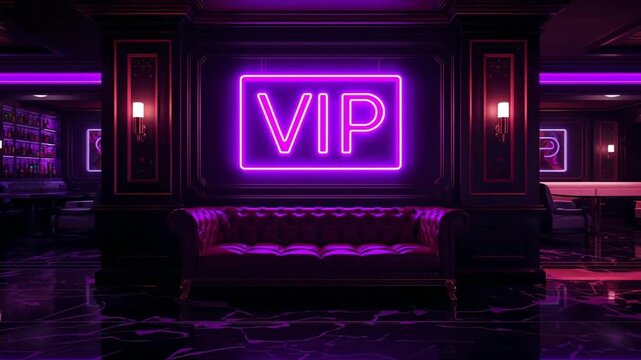 VIP neon sign glowing above a luxurious leather sofa in a dark nightclub lounge setting for motion background video footage