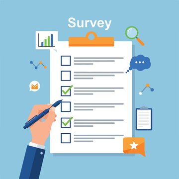 A hand in a blue suit checks a survey form on clipboard