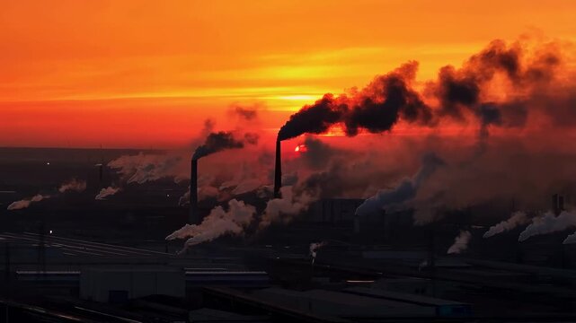 Industrial smokestacks releasing emissions at sunset. A stark reminder of environmental impact and industrialization's role in climate change