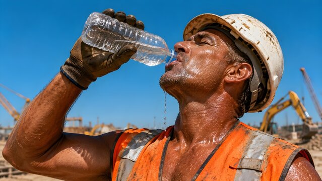 Construction Worker Hydrating on Active Job Site, Hard Hat Laborer Drinking Water Under Intense Summer Heat with Heavy Machinery Background, Workplace Safety and Heat Stress Prevention