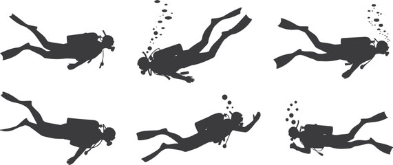 Set of Minimalist black scuba diver underwater swimming for ocean adventure extreme sports silhouette vector icon © VEC Wizard