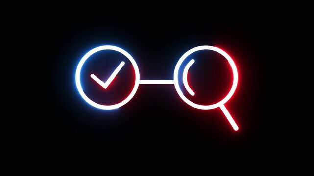 Neon glasses icon with checkmark and search symbol on black background dynamic motion.