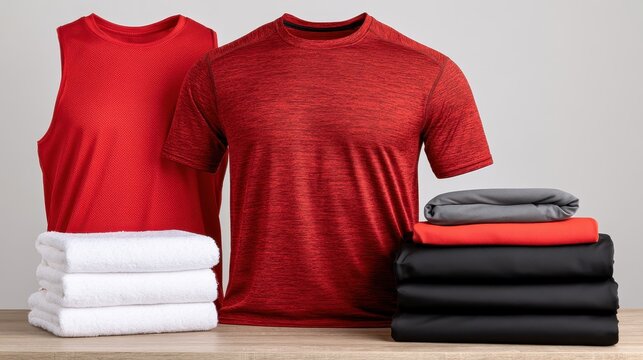 Athletic or sportswear apparel product display, performance clothing on neutral background, professional athletic wear photography, clean minimal composition, fabric technology visible