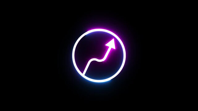 Glowing neon arrow graph in circle shows upward growth motion.