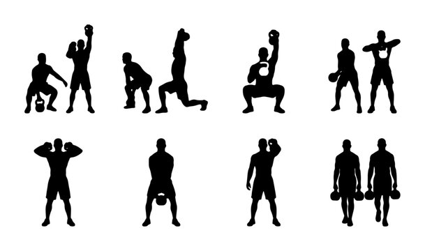 Kettlebell Workout Silhouettes, Fitness Exercise Icons, Strength Training Figures, Gym Activity Graphics, Athletic Poses Set