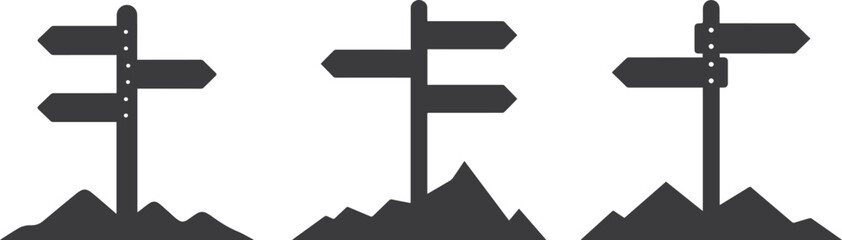 Set of Minimalist black mountain trail signpost silhouette vector icon © VEC Wizard