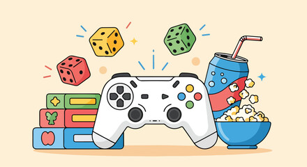 A colorful illustration of gaming and snack items © Mitri
