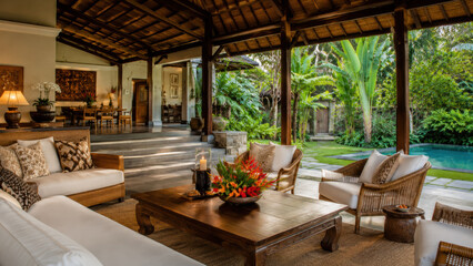 Fototapeta premium Summer, tropical vacation. Balinese-style open-air villa and an open view to a lush green garden and glimpse of pool beyond