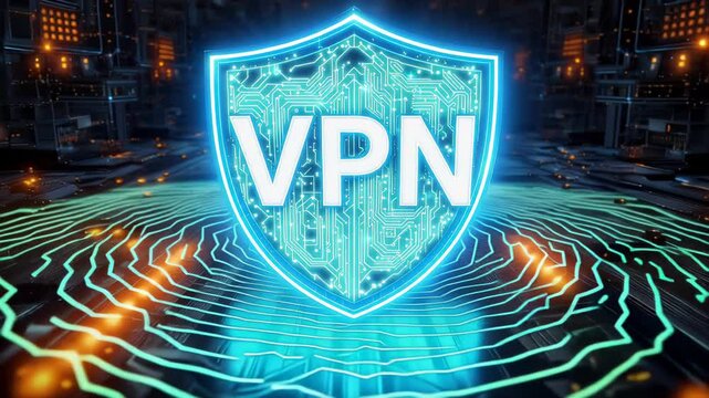 Glowing neon VPN shield hovering above a futuristic circuit board and data center grid, representing encrypted network tunnels, cybersecurity, privacy protection and secure access.
