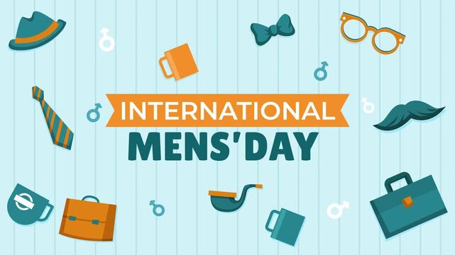 International Men's Day Celebration: A vibrant illustration for International Men's Day, featuring various masculine symbols like hats, ties, bow ties, glasses, mustaches, pipes, briefcases.