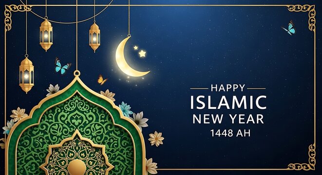 Happy islamic new year 1448 ah greeting card with lanterns and crescent moon